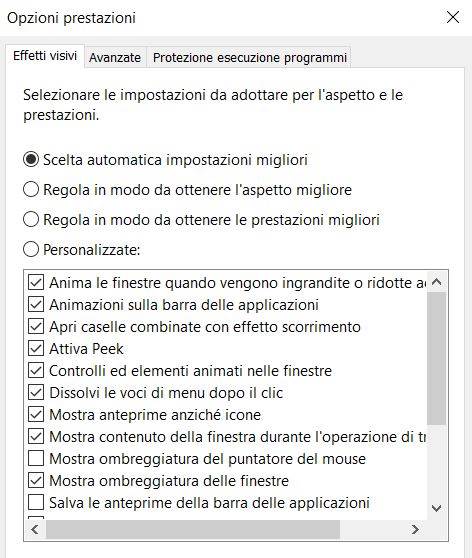Opzioni prestazioni di Windows 10