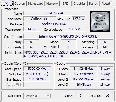 Intel Core i9 9900KS CPUZ